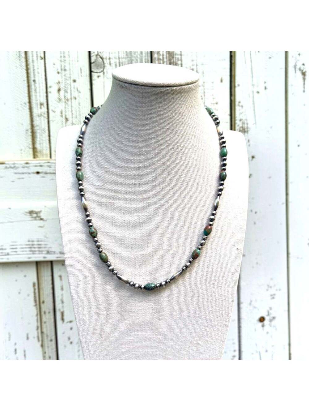 Hubi Turquoise & Sterling Pearl, Torpedo, and Saucer Necklace 18.5"